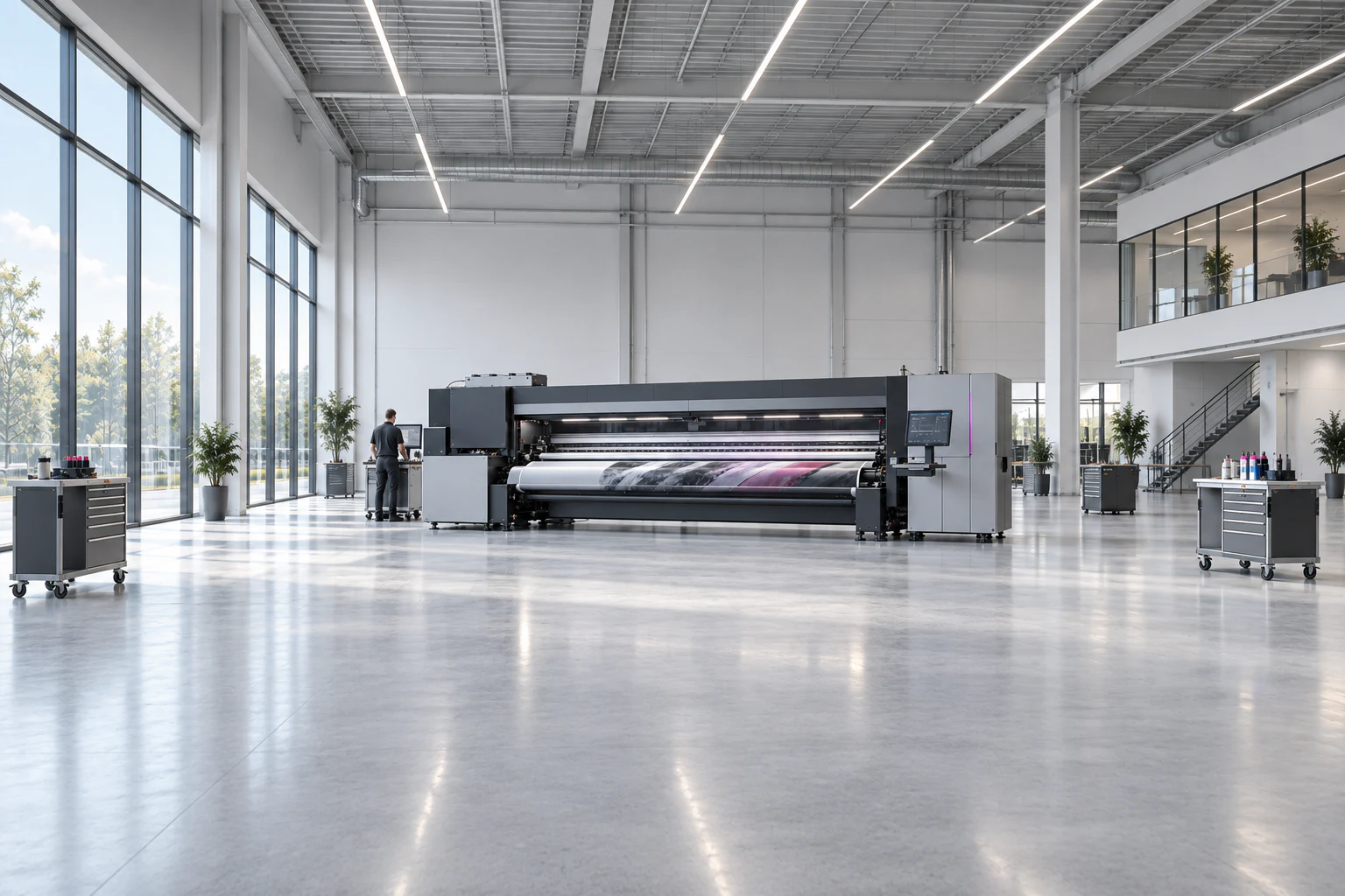 Technical support team working beside a large-format digital printer